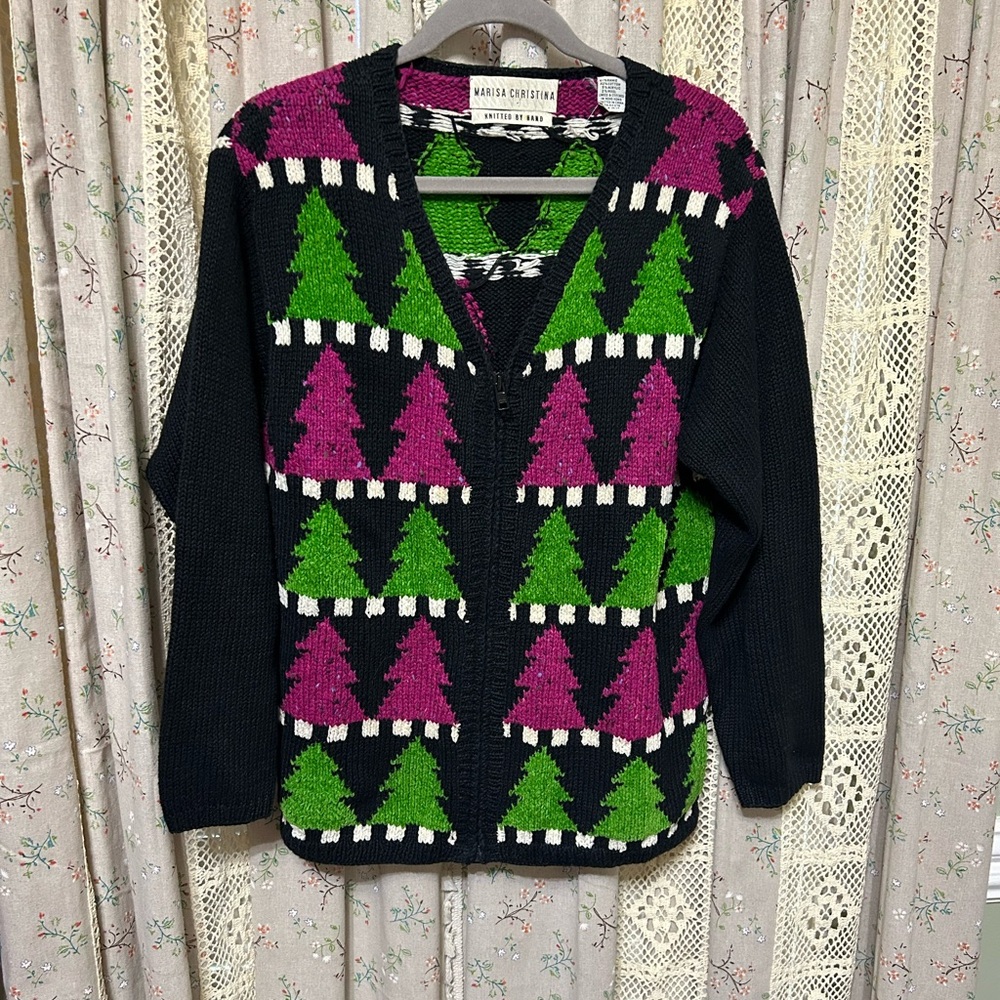 VTG 90s Marisa Christina Christmas Tree Holiday Zip Cardigan Handmade M‎